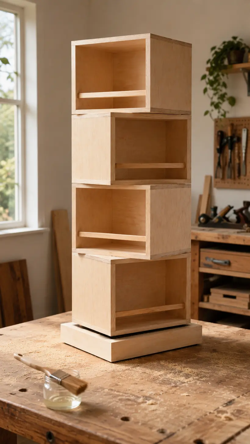 Completed rotating plywood bookshelf receiving a durable furniture finish