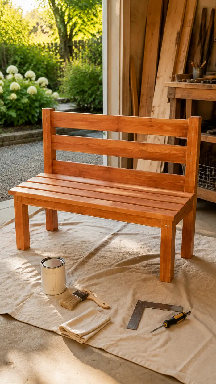 Completed cedar garden bench receiving exterior finish before a stability test