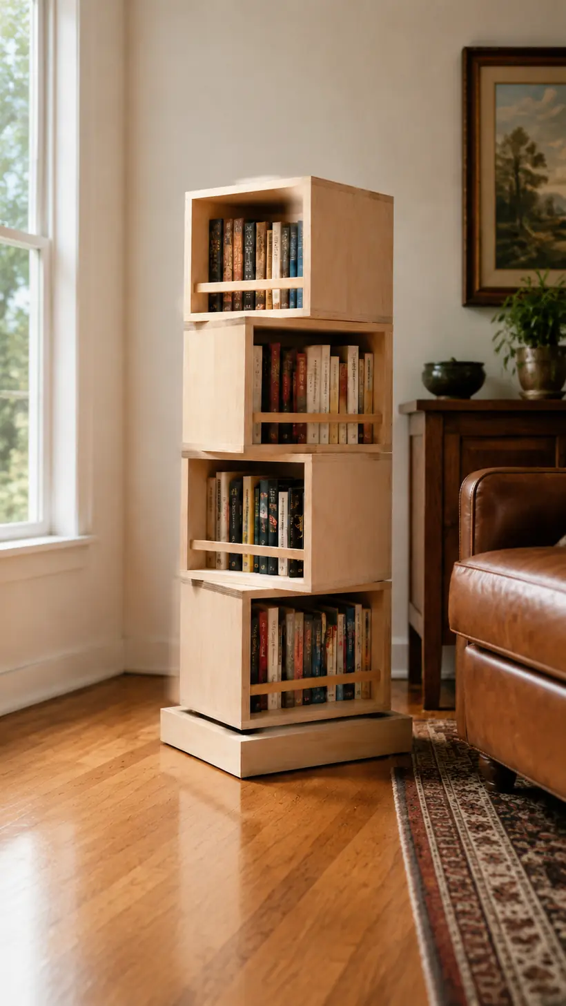 Finished rotating bookshelf being loaded evenly with books and tested for smooth rotation