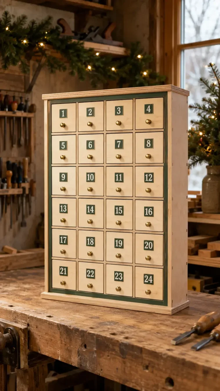 Finished DIY wooden Advent calendar with 24 numbered drawers
