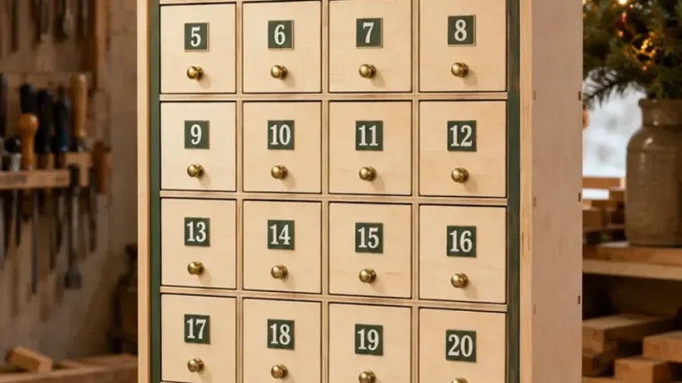 Finished DIY wooden Advent calendar with 24 numbered drawers
