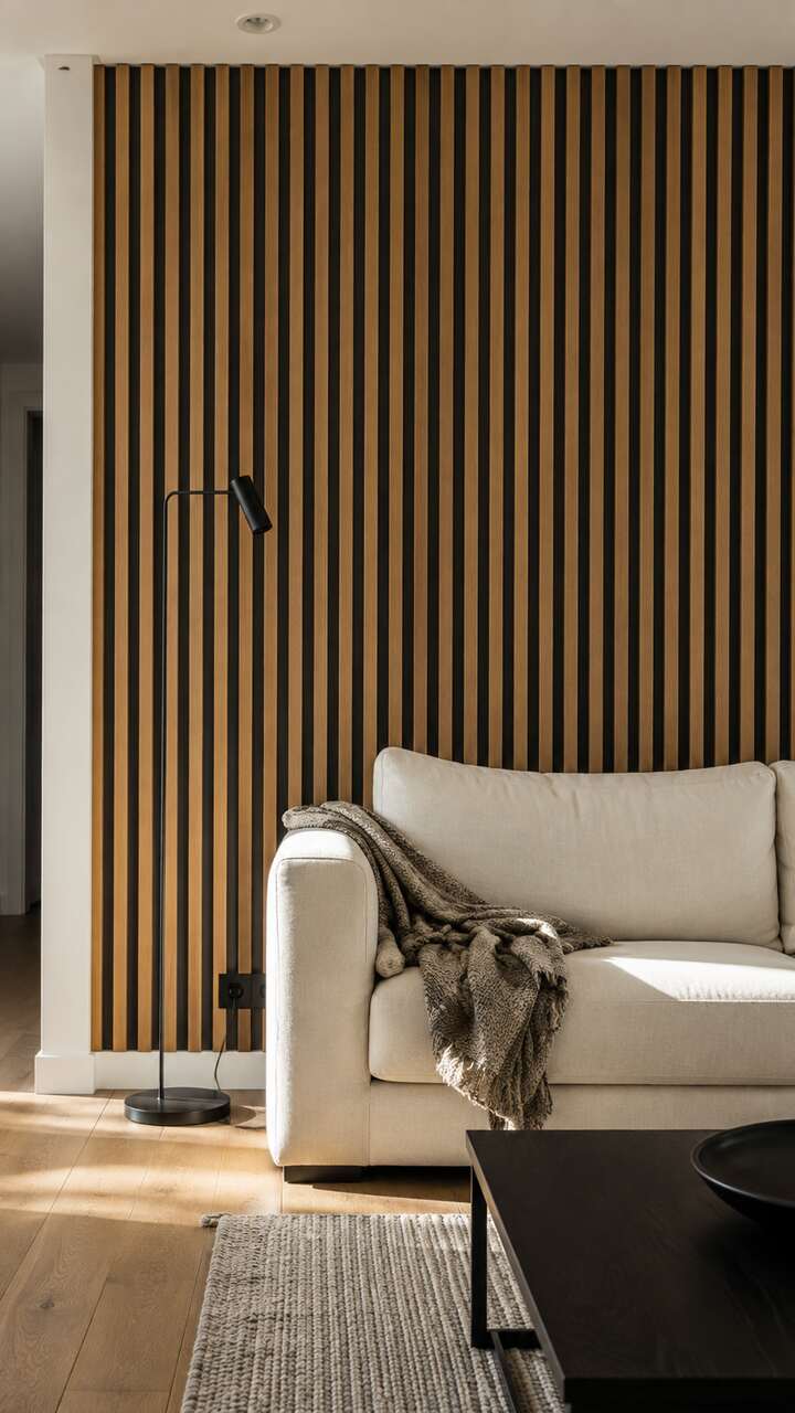 Warm oak wood slat wall in a modern living room.