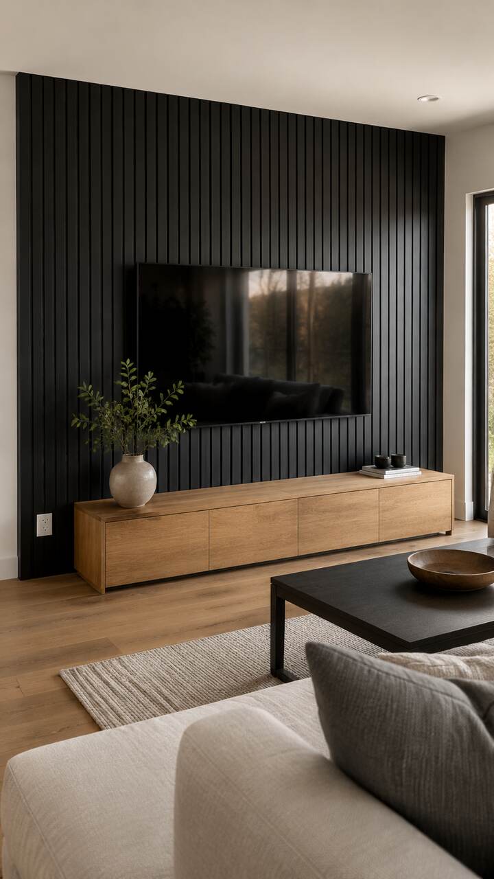 Matte-black wood slat media wall with mounted television.
