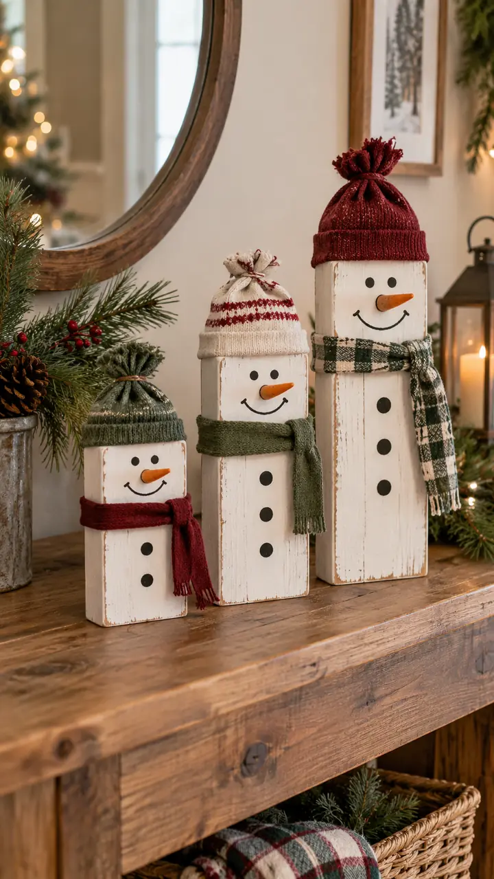 Rustic Wood Block Snowmen