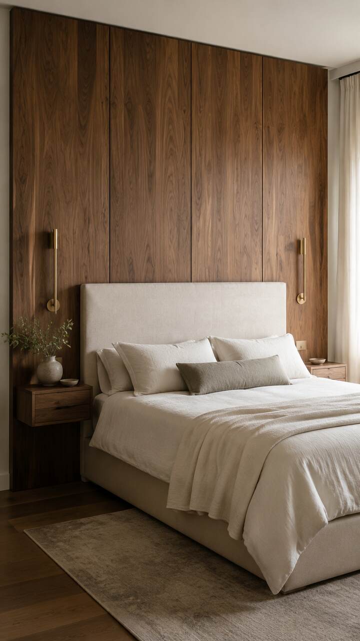 Walnut wood panel headboard wall in an elegant bedroom.