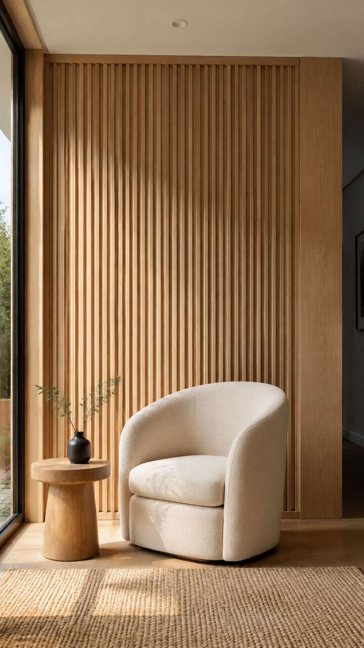 Pale fluted wood wall panels extending from floor to ceiling.