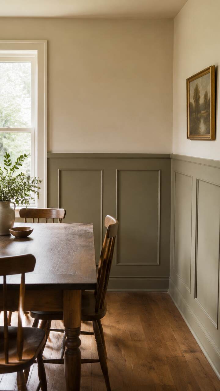 Painted half-wall wood paneling in a dining room.