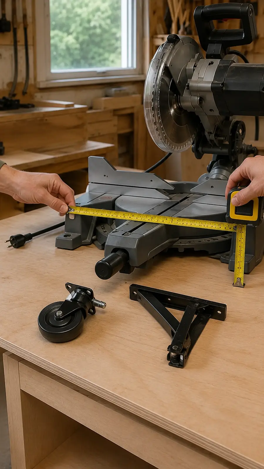 Woodworker measuring an unplugged sliding miter saw, caster height and folding bracket hardware on a workshop bench