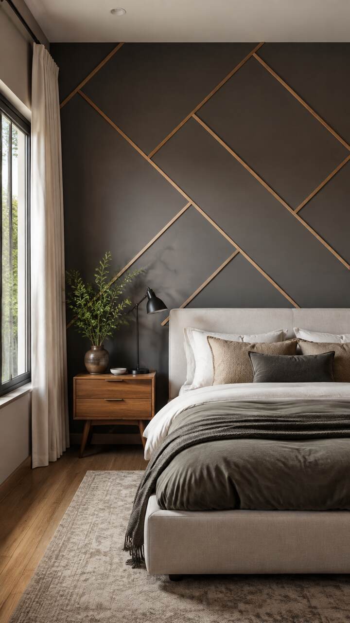 Geometric wood-strip accent wall behind a bed.
