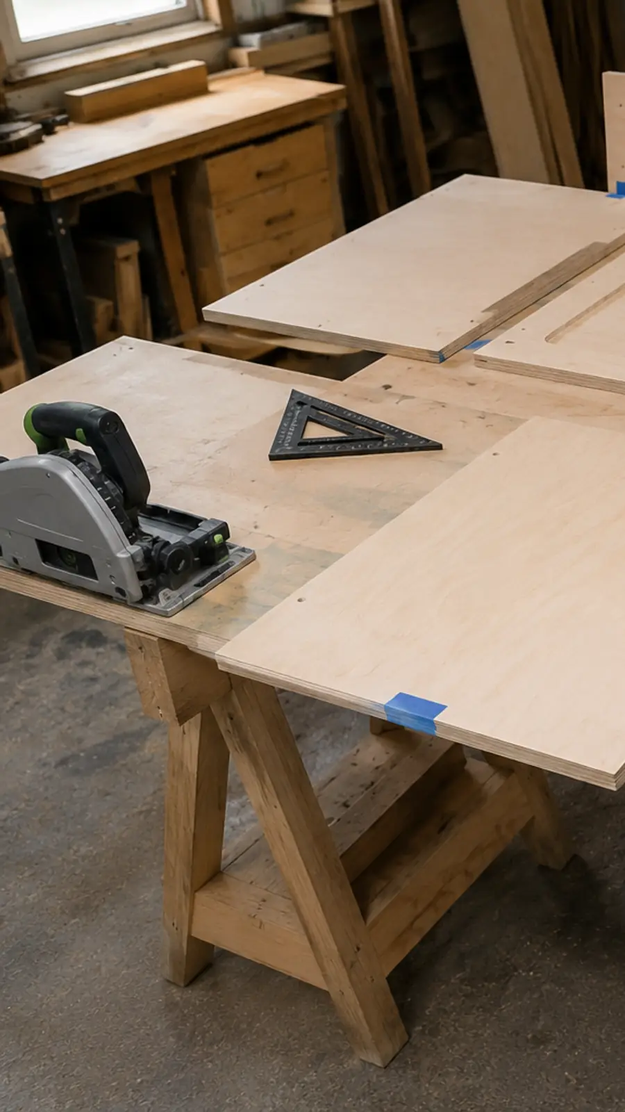 Birch plywood parts cut and labeled for a rolling miter saw stand with folding wings