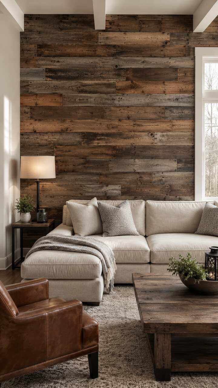 Reclaimed barn-wood feature wall in a modern living room.