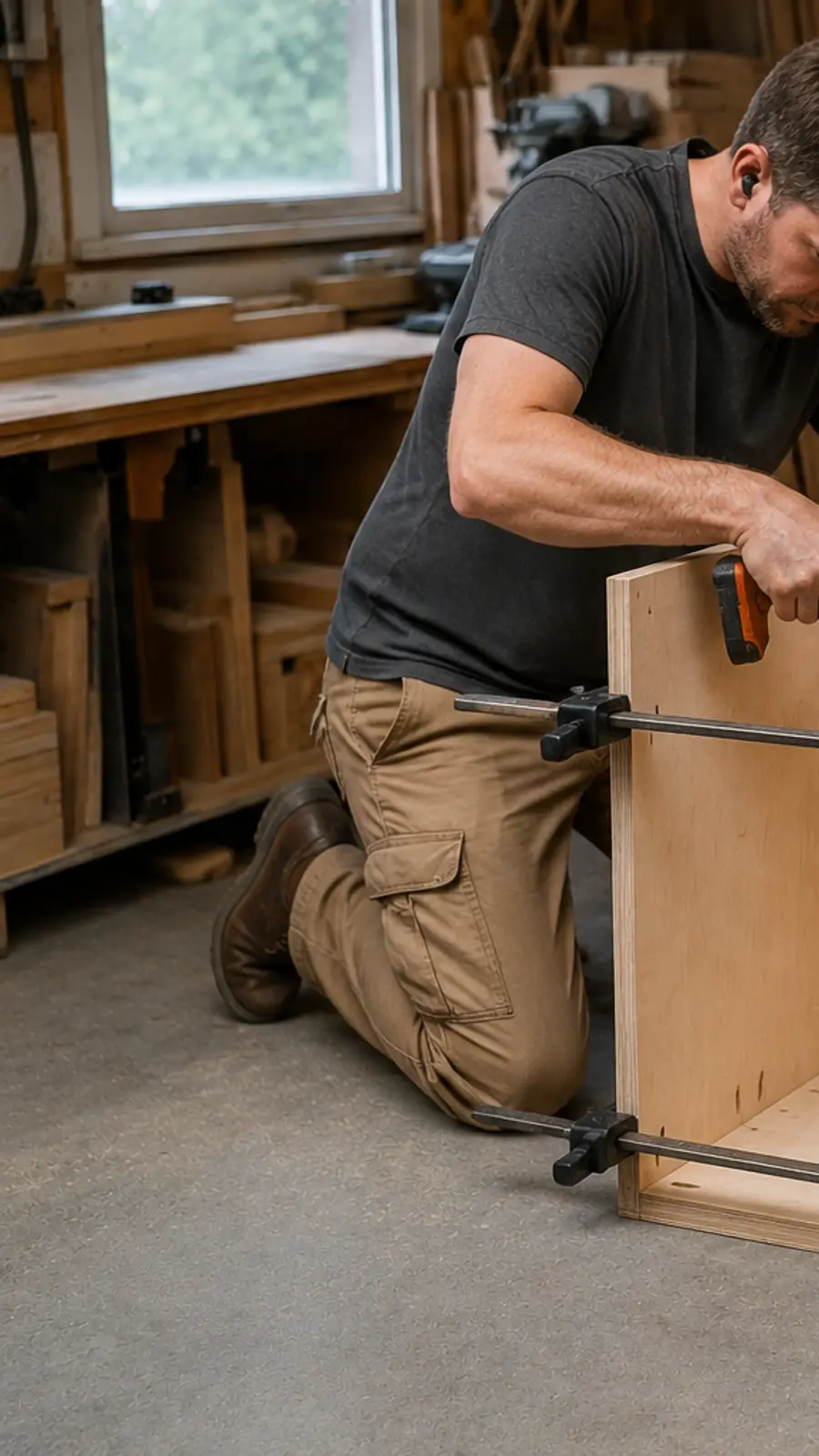 Plywood miter saw cart cabinet being clamped square around the bottom panel