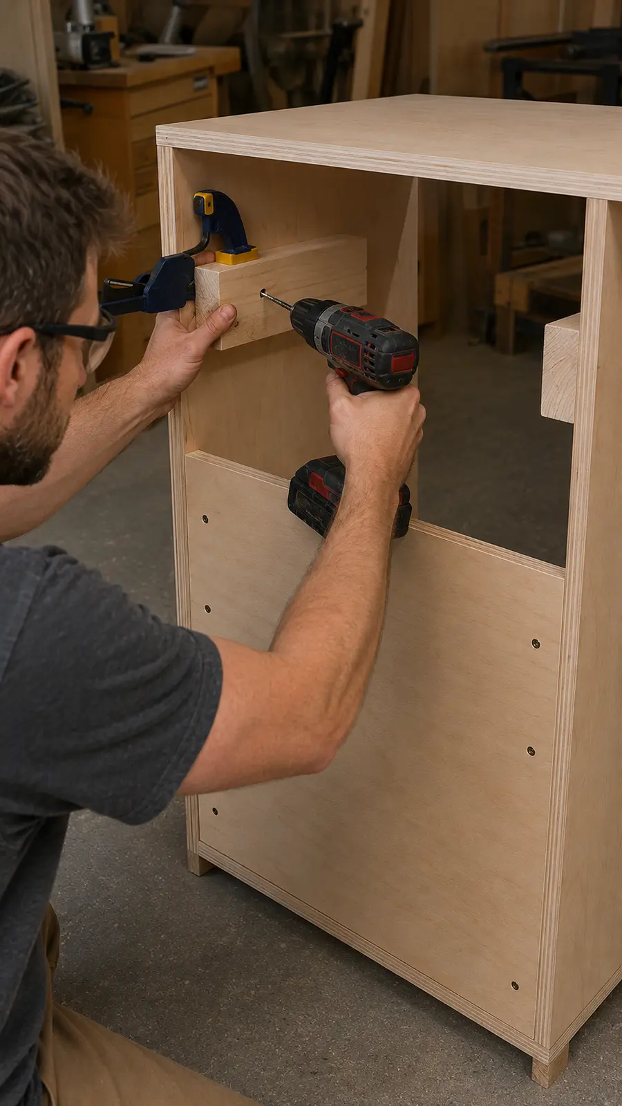 Interior 2x6 reinforcement blocks and lower plywood back being installed in a mobile miter saw cabinet