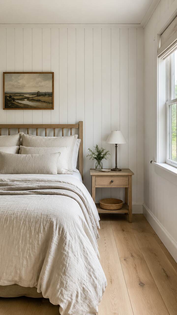 White vertical wood plank wall in a bright bedroom.