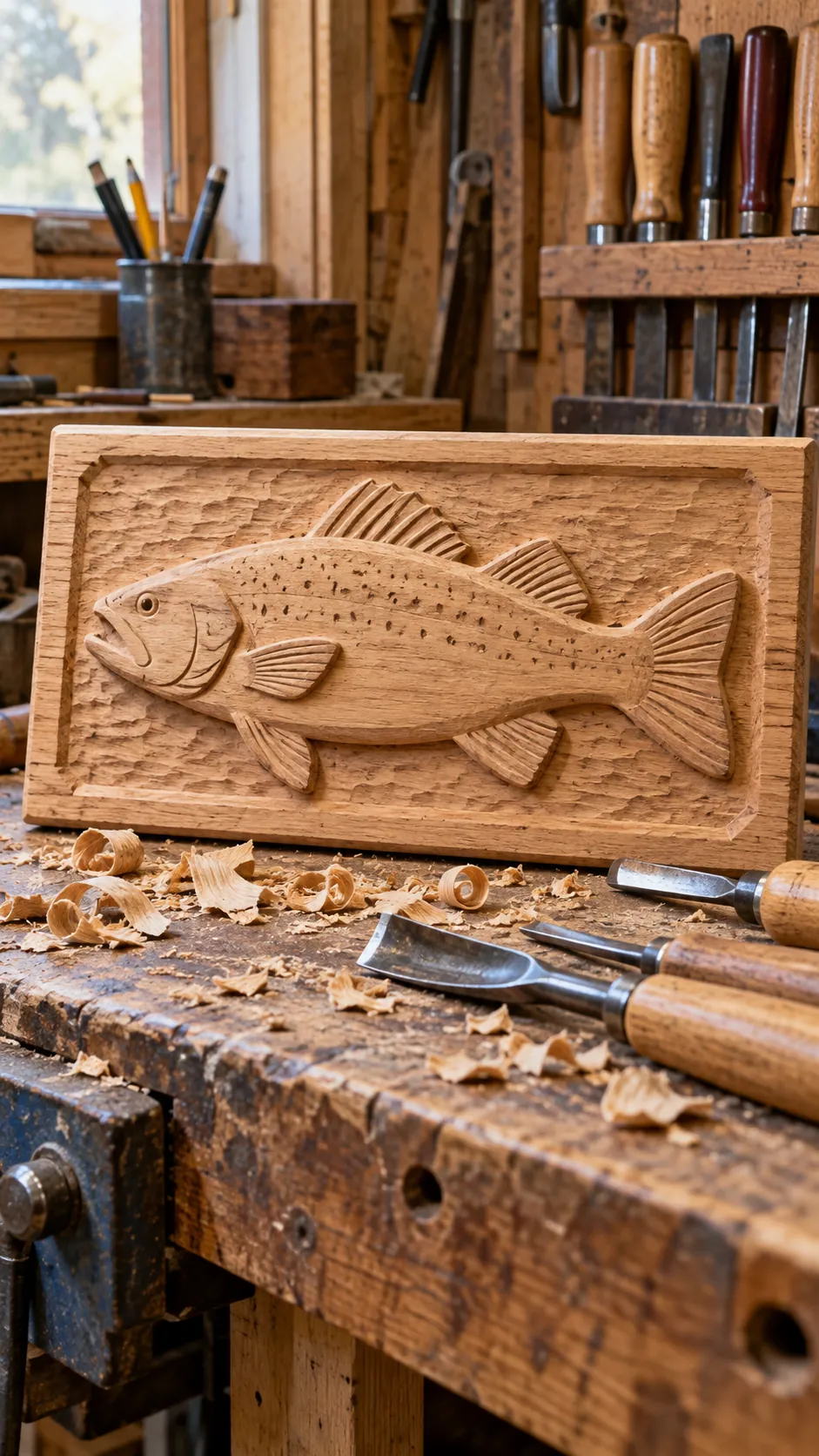 Fish Relief Carving on a Wooden Plaque