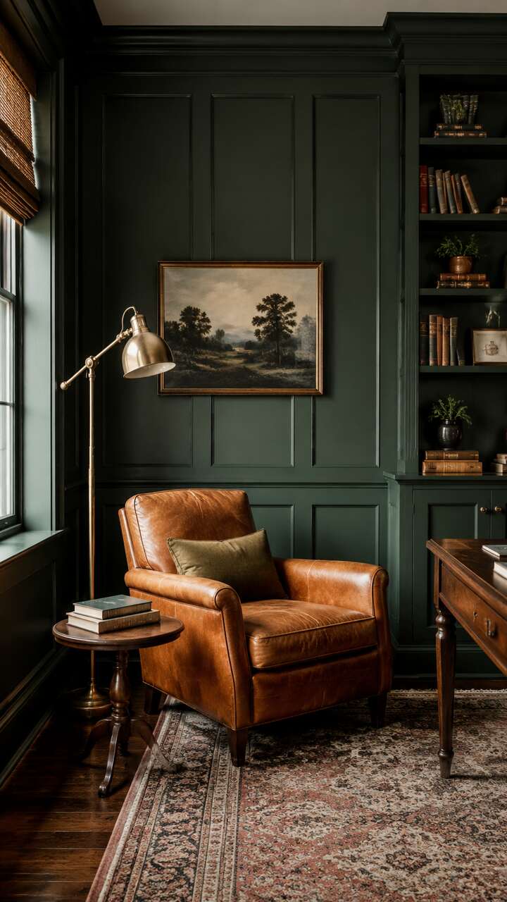 Deep green painted wood panel wall with brass accents.