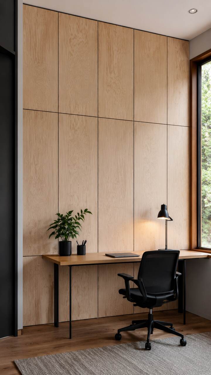 Natural birch plywood grid wall in a minimalist office.
