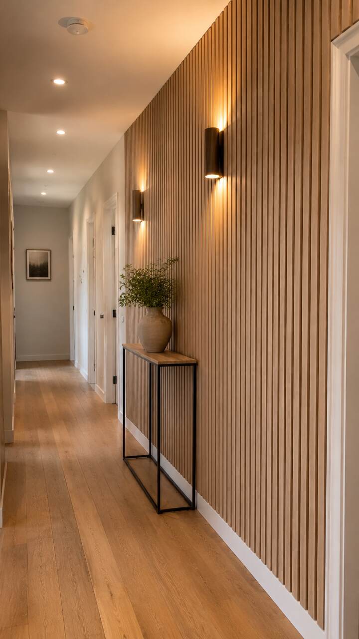 Slim vertical wood panels making a narrow hallway feel taller.