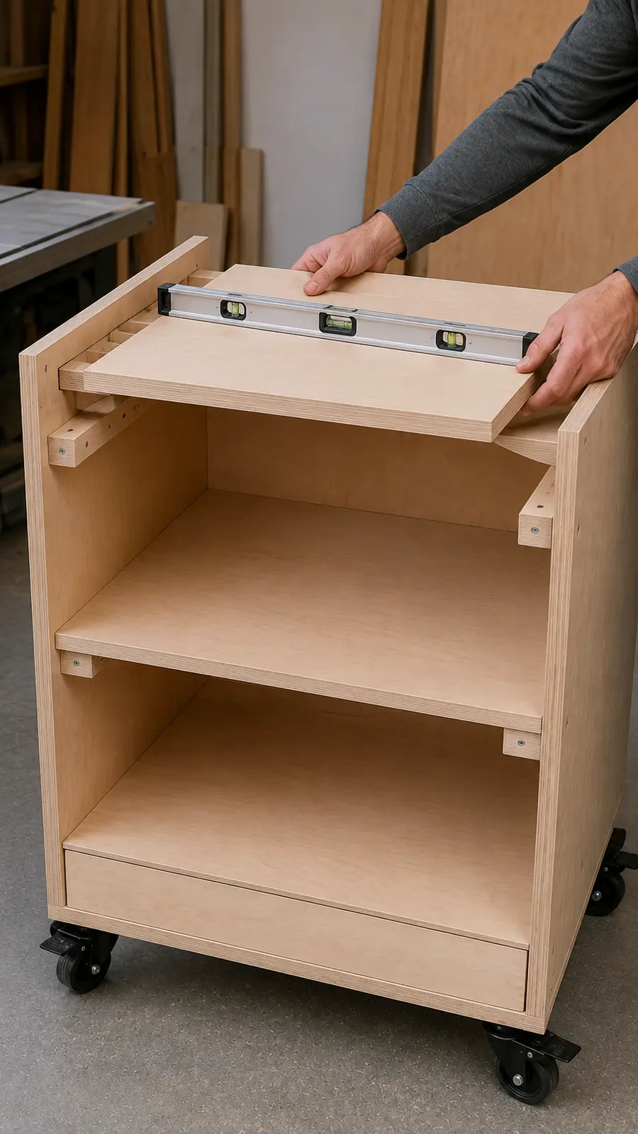 Adjustable plywood saw deck being leveled on four cleats inside a rolling miter saw stand
