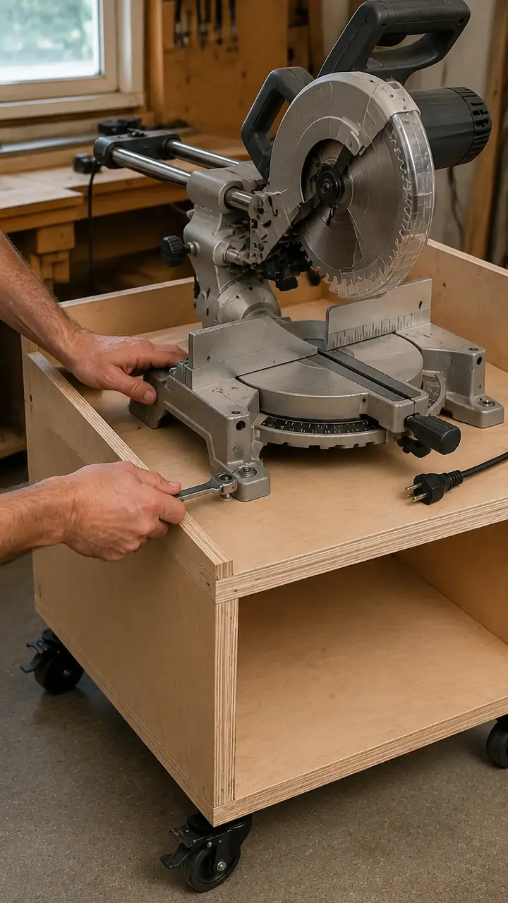 Sliding miter saw bolted to the recessed plywood deck while its bevel and slide clearance are checked