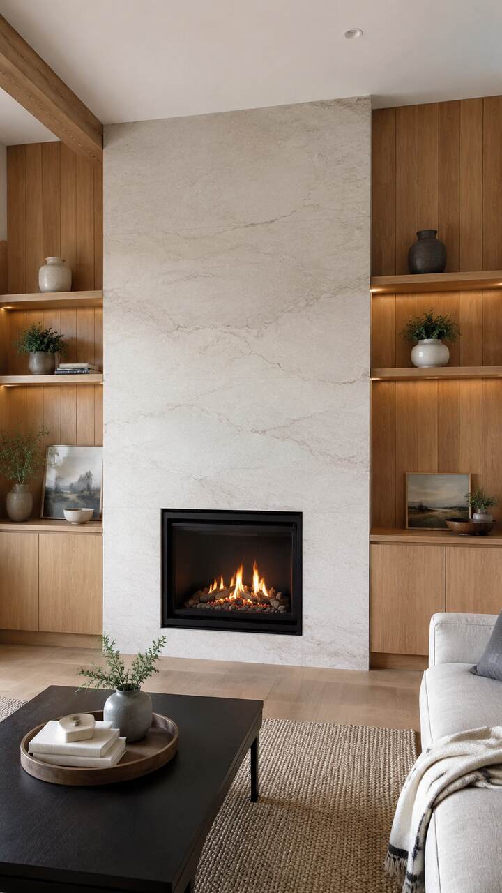 Wood-paneled fireplace feature wall with a stone surround.