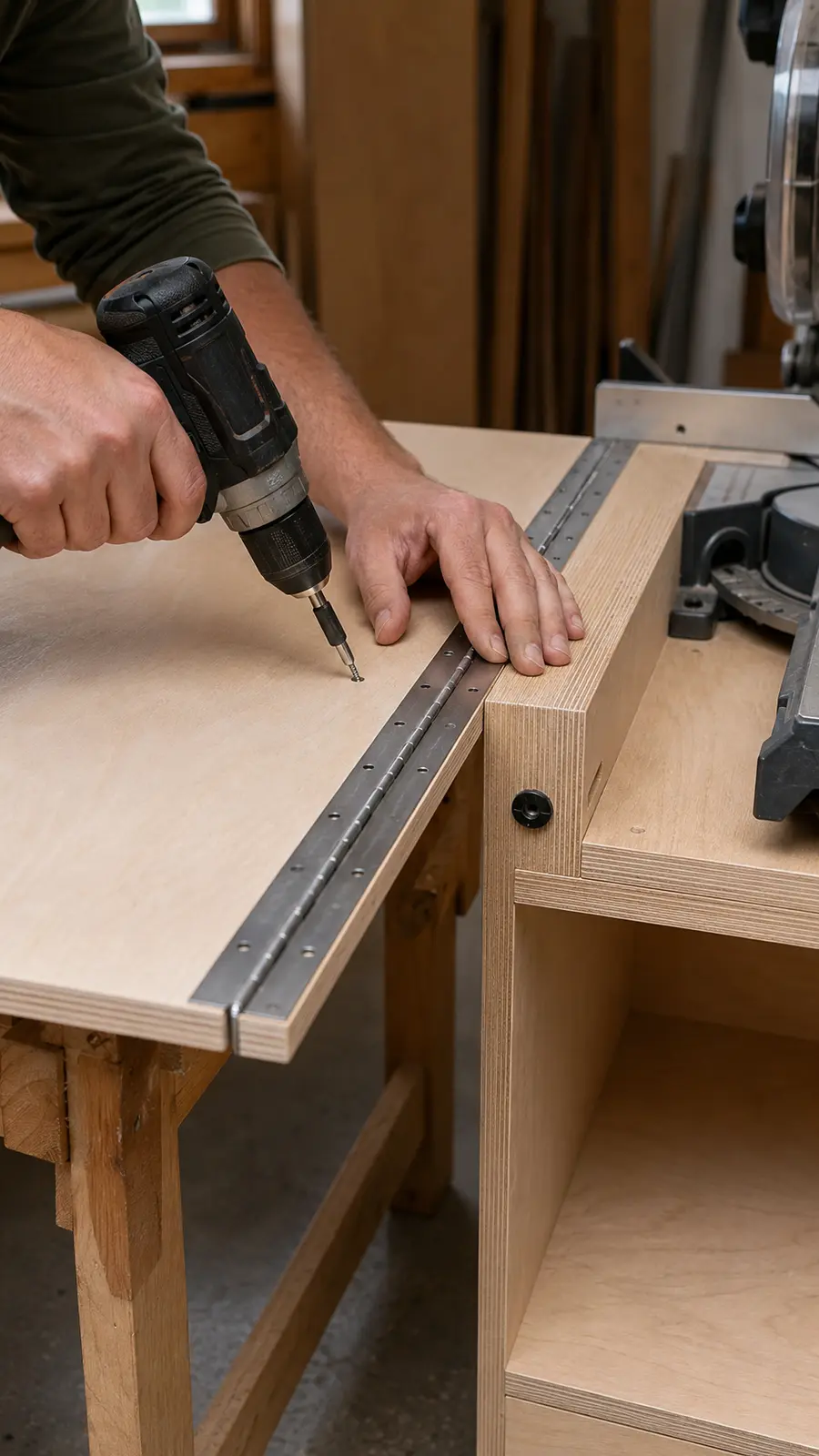 Two birch plywood folding wings being aligned with piano hinges on a mobile miter saw stand