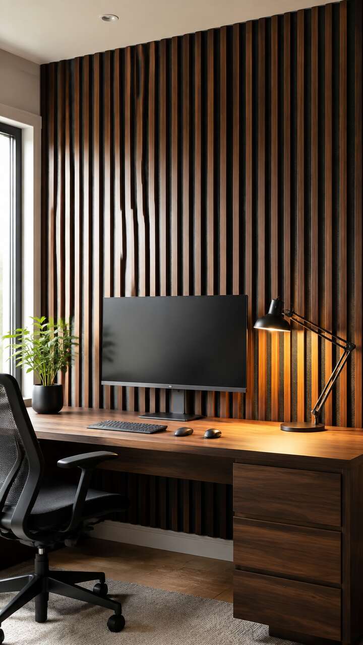 Wood slat wall used as an elegant home-office backdrop.