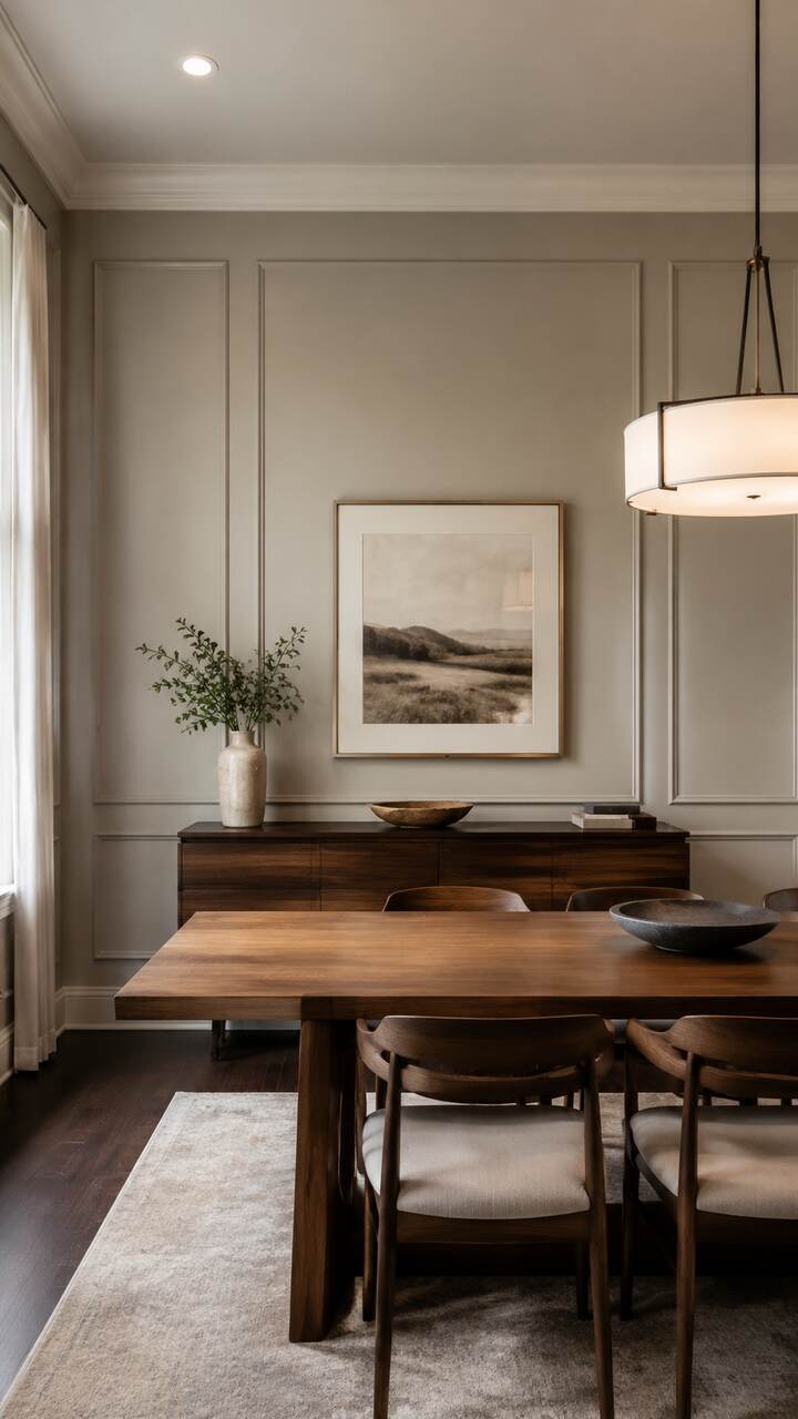 Painted box-molding wall panels in an elegant dining room.