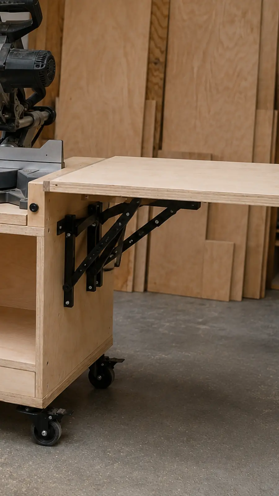 Heavy-duty black folding brackets being installed beneath a plywood miter saw support wing