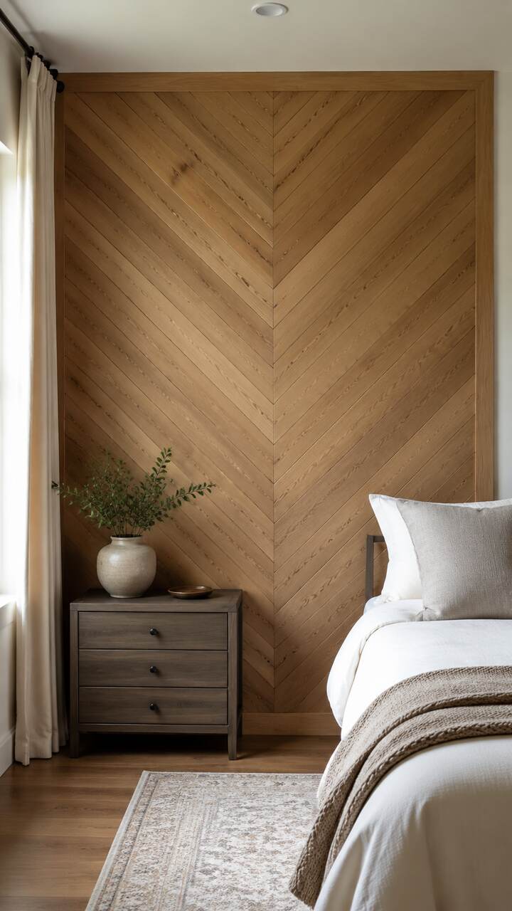 Herringbone wood accent wall in a modern bedroom.