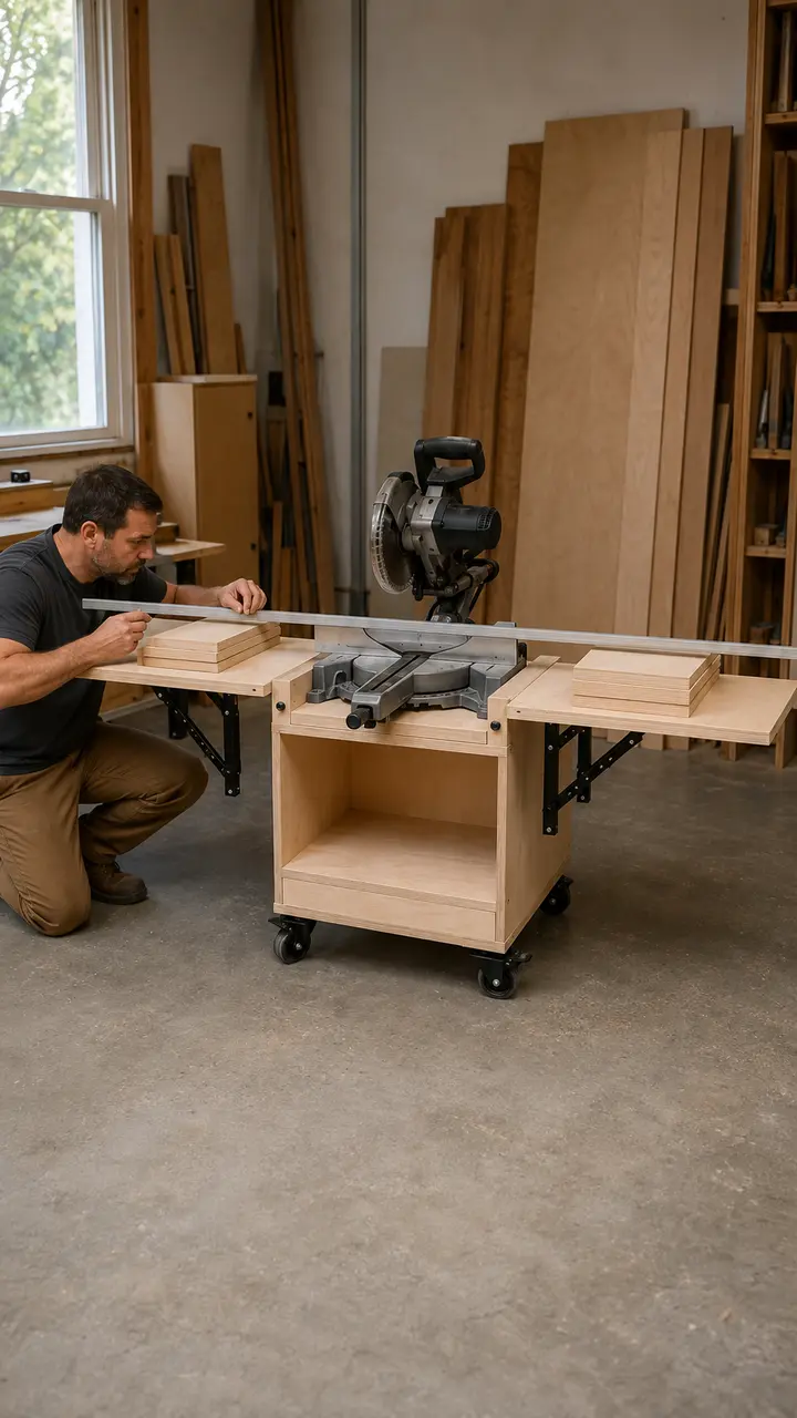 Long straightedge spanning an open miter saw wing and saw table during alignment testing