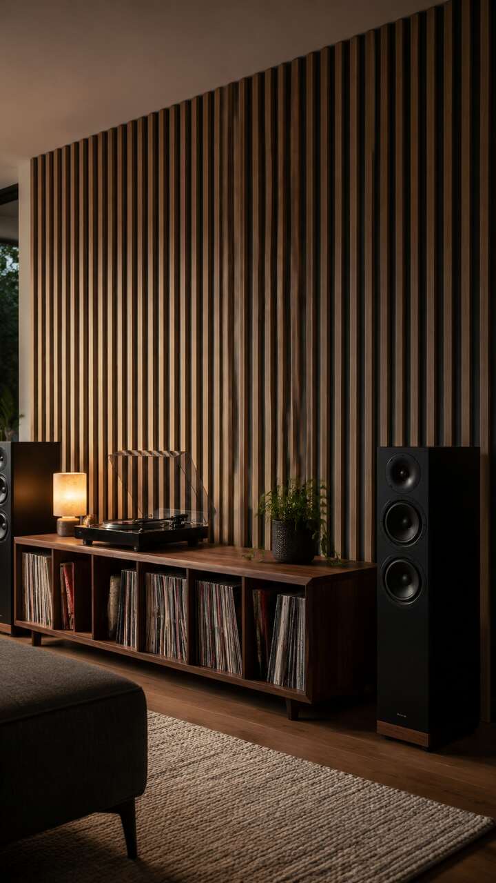 Oak acoustic slat panels over charcoal felt.