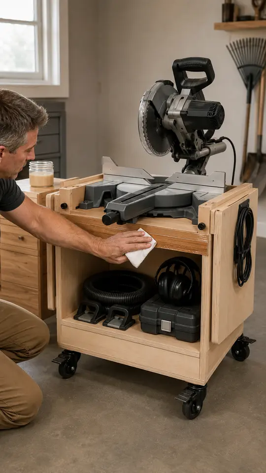 Completed mobile miter saw stand with smooth clear finish, folded wings and organized lower storage