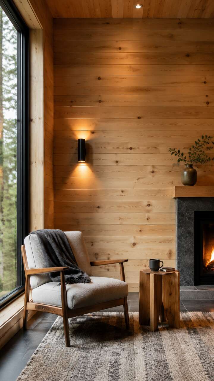 Rustic horizontal wood plank wall in a cozy room.