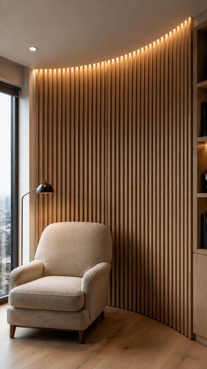 Curved ribbed wood feature wall with warm lighting.