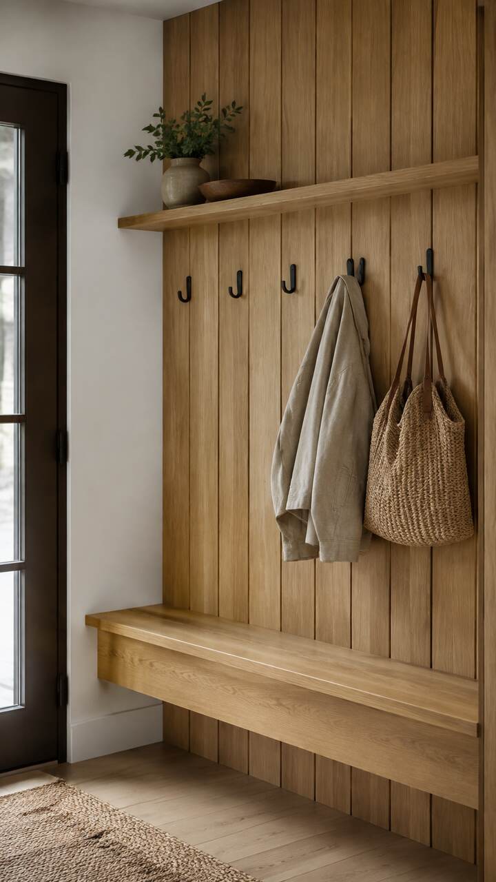 Wood-paneled entryway with hooks, shelf and bench.