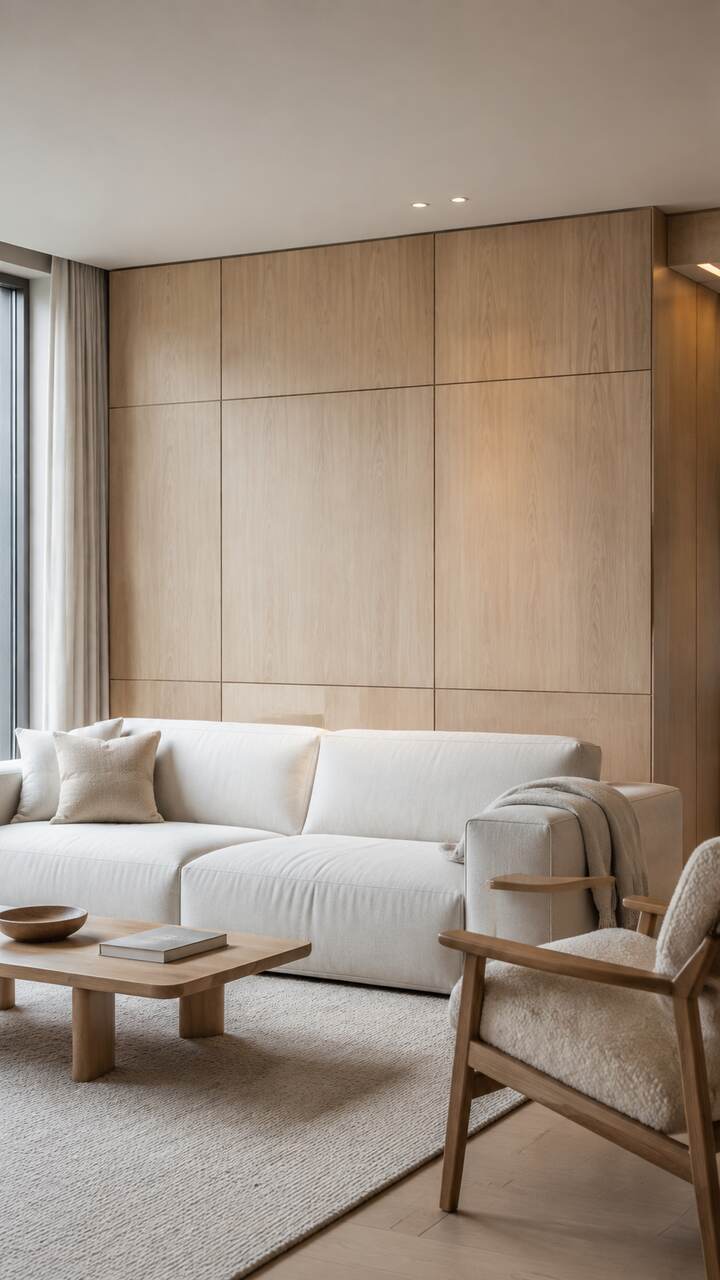 Light-oak Scandinavian wood panel wall.