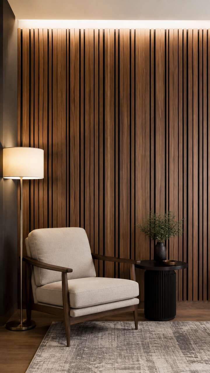 Mixed-width wood slat accent wall with a repeating pattern.