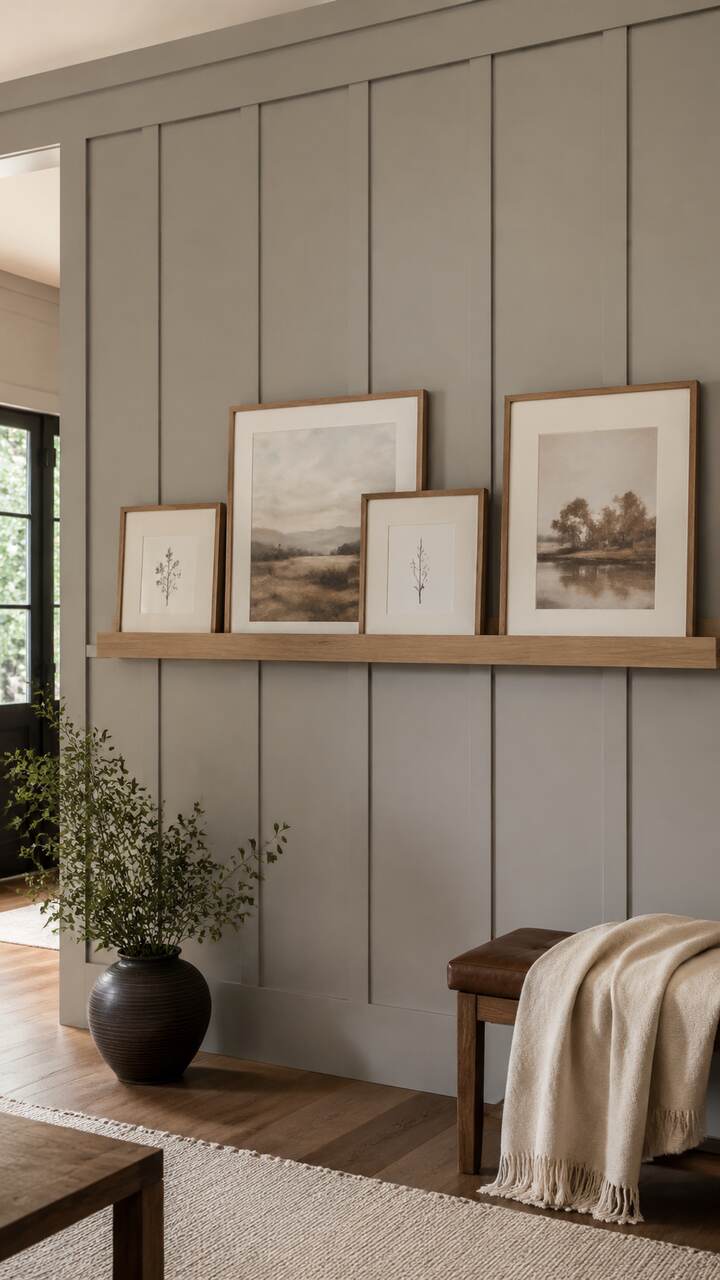 Wood panel wall with an integrated picture ledge.