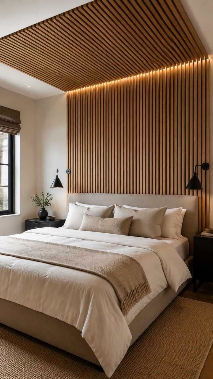Wood slat paneling continuing from a bedroom wall onto the ceiling.