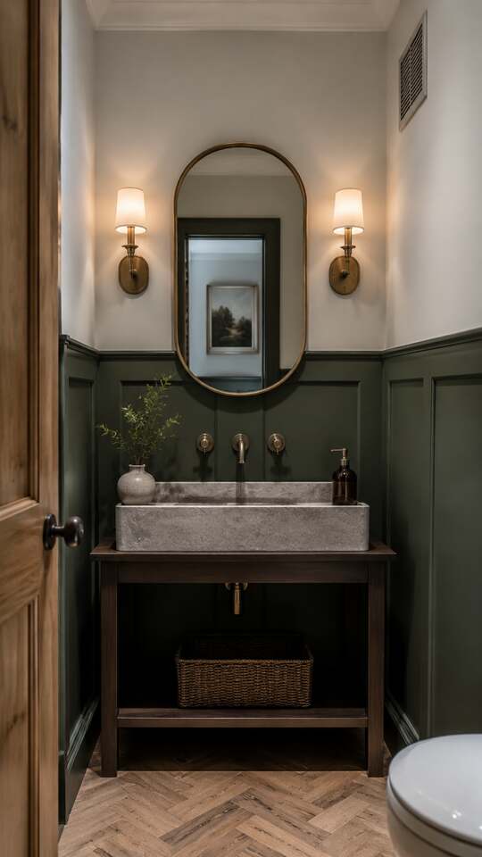 Painted moisture-resistant wall paneling in a powder room.