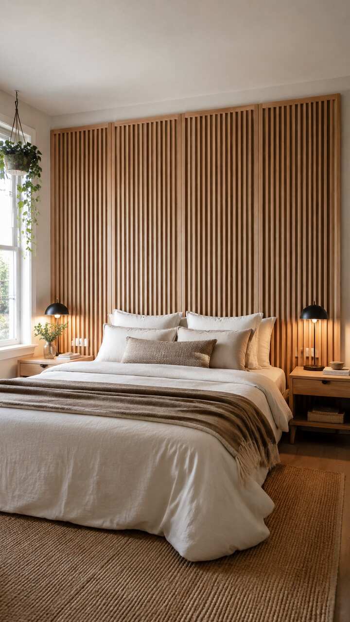 Renter-friendly removable wood slat panels behind a bed.