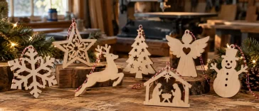 Handmade Christmas scroll saw patterns displayed on a woodworking bench