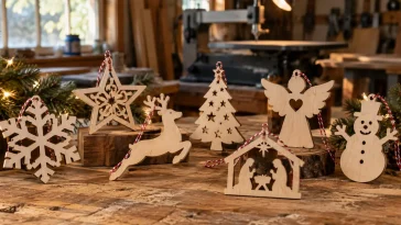 Handmade Christmas scroll saw patterns displayed on a woodworking bench