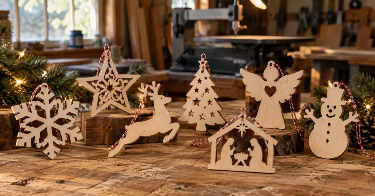 Handmade Christmas scroll saw patterns displayed on a woodworking bench