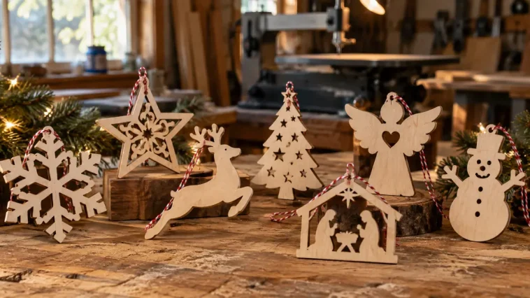 Handmade Christmas scroll saw patterns displayed on a woodworking bench