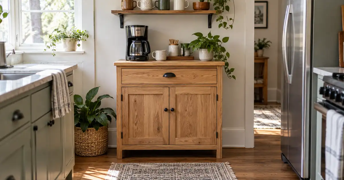 Space-saving DIY coffee bar cabinet in a small kitchen