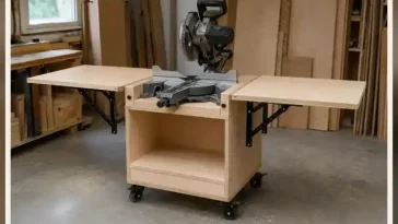 Finished mobile miter saw stand with birch plywood cabinet, open folding wings and locking casters in a garage workshop