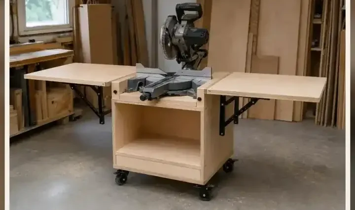 Finished mobile miter saw stand with birch plywood cabinet, open folding wings and locking casters in a garage workshop