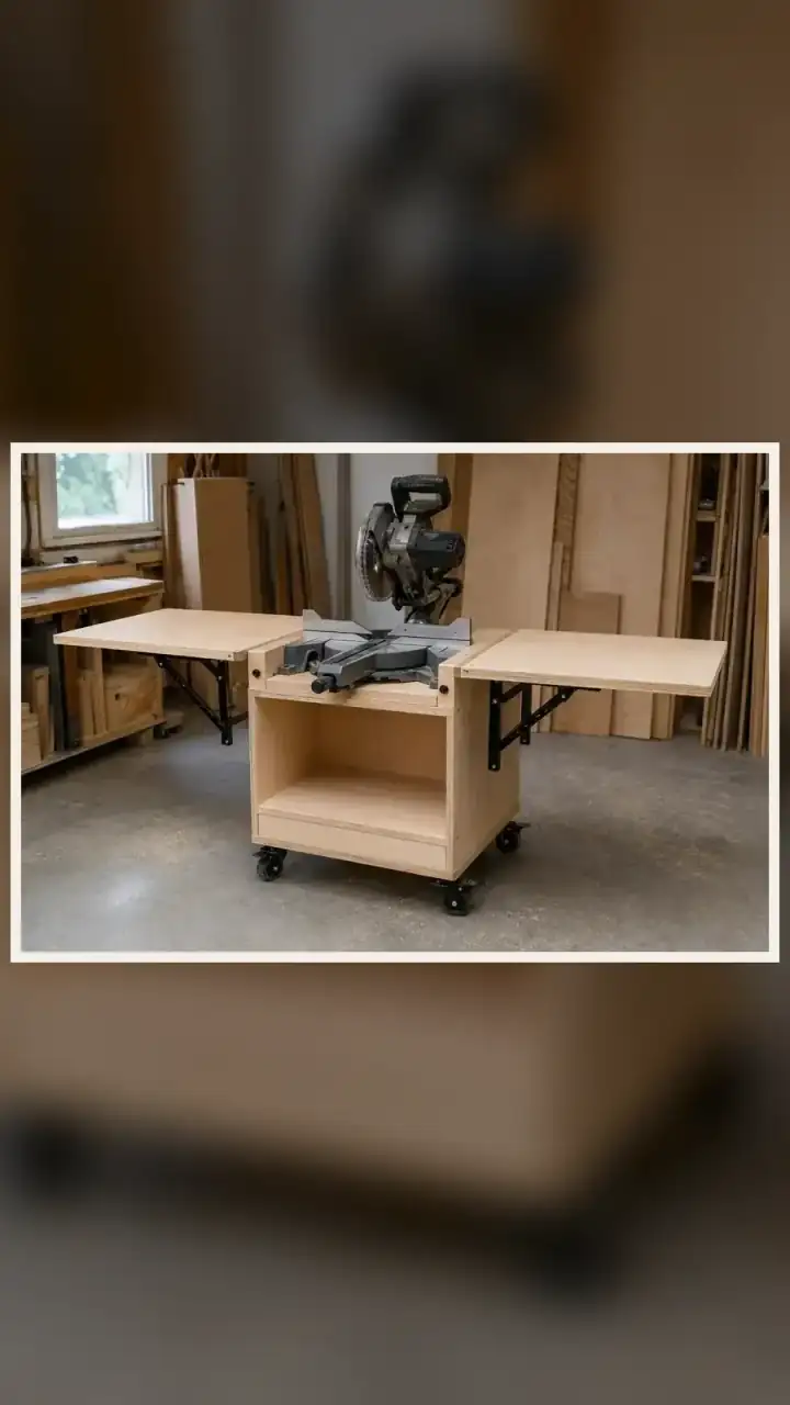 Finished mobile miter saw stand with birch plywood cabinet, open folding wings and locking casters in a garage workshop